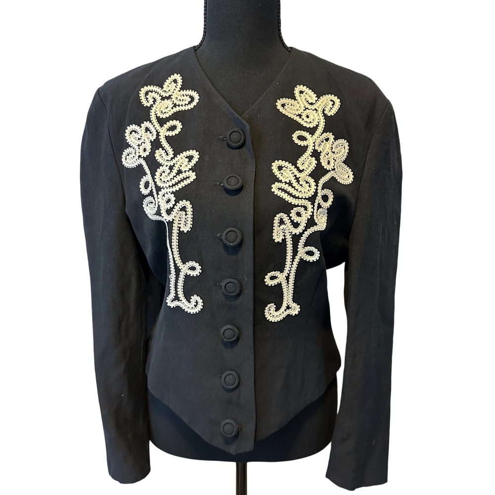 Mondi Vintage Black Linen Blend Soutache Whimsigoth Blazer West Germany 34